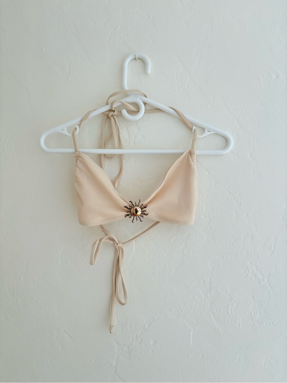 SHEIN Beige Ribbed Sun Charm Triangle Bikini Top